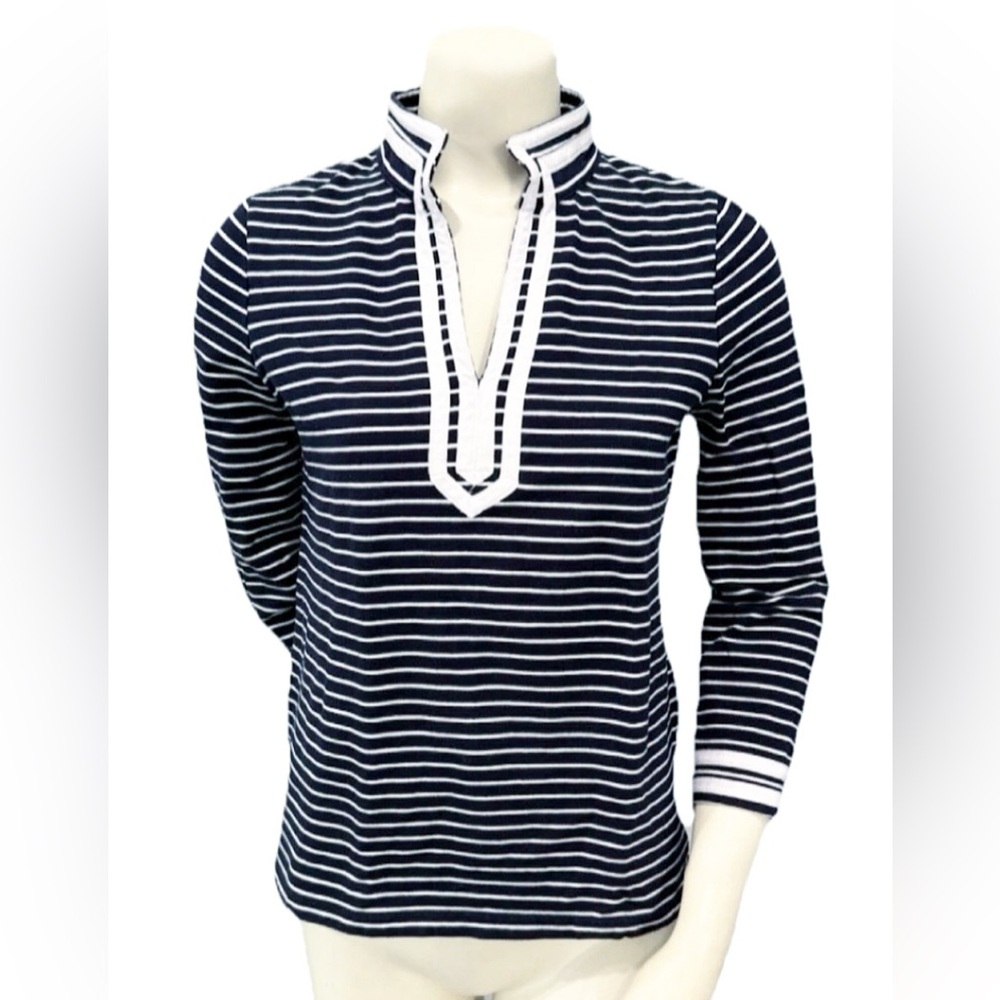 Talbots Petites Navy White Stripe Split Neck 3/4 Sleeve Tunic Top SP